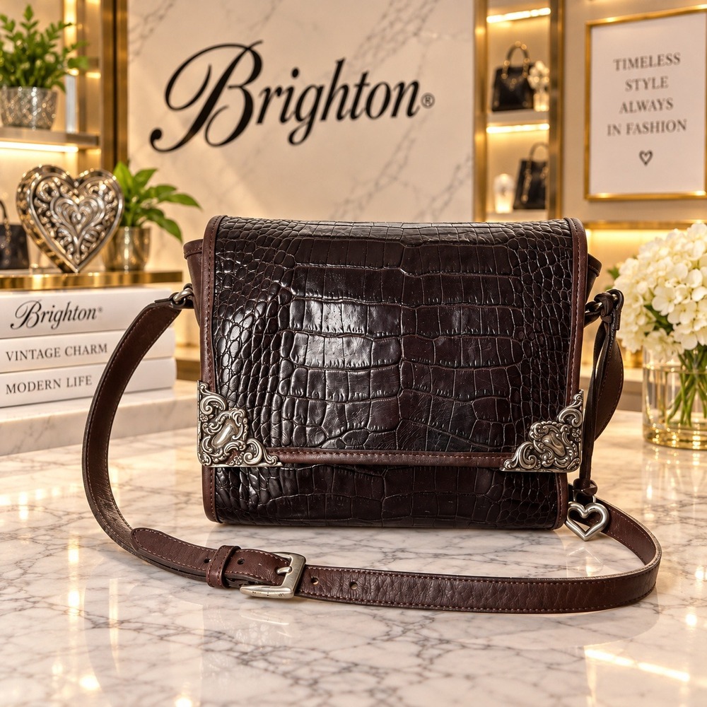 Brighton Vintage 1996 Brown Croc Embossed Leather Crossbody Bag Silver Hardware